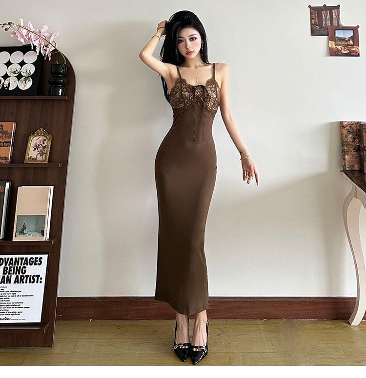 Spaghetti Strap Lace Panel Bodycon Maxi Dress Product Image