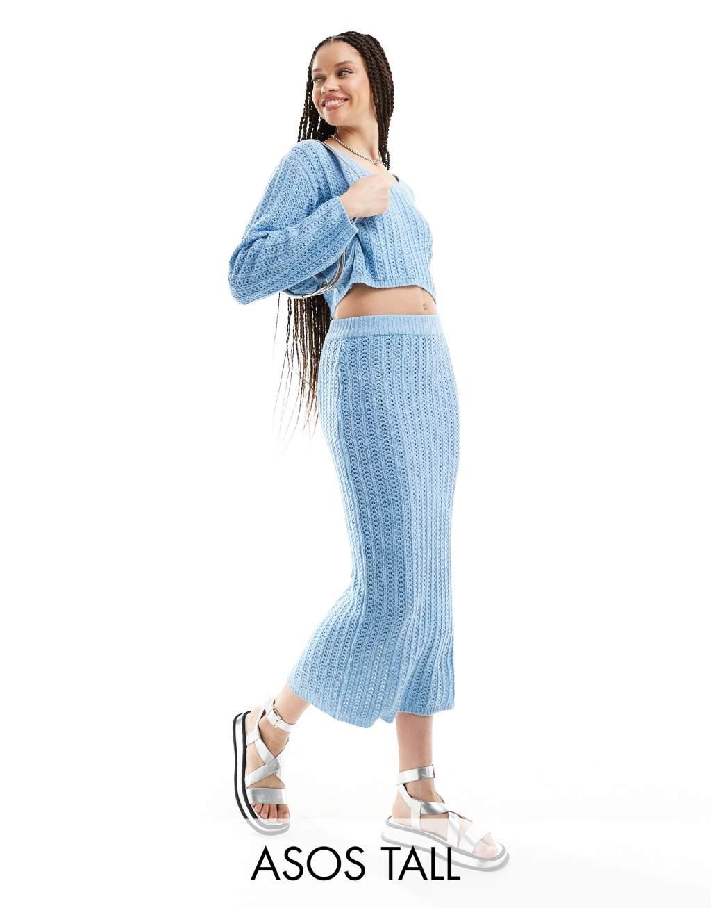 ASOS DESIGN Tall knit midi skirt in open stitch in blue - part of a set Product Image