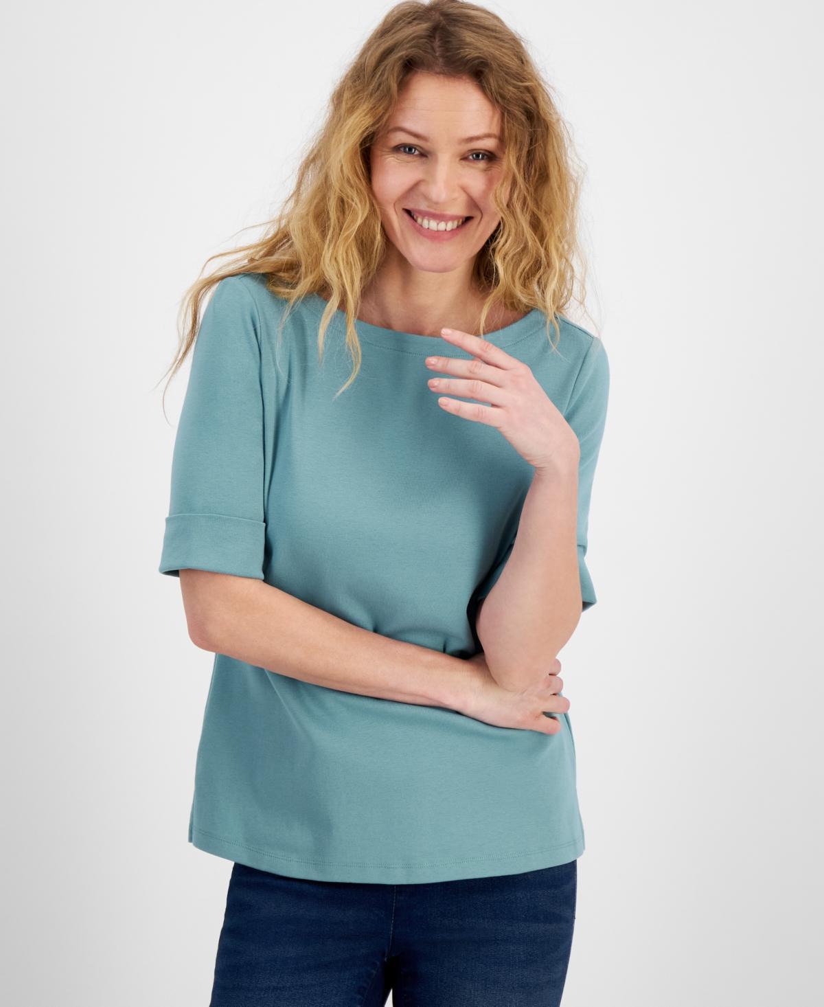 Women's Boat-Neck Elbow Sleeve Cotton Top, XS-4X, Created for Macy's Product Image