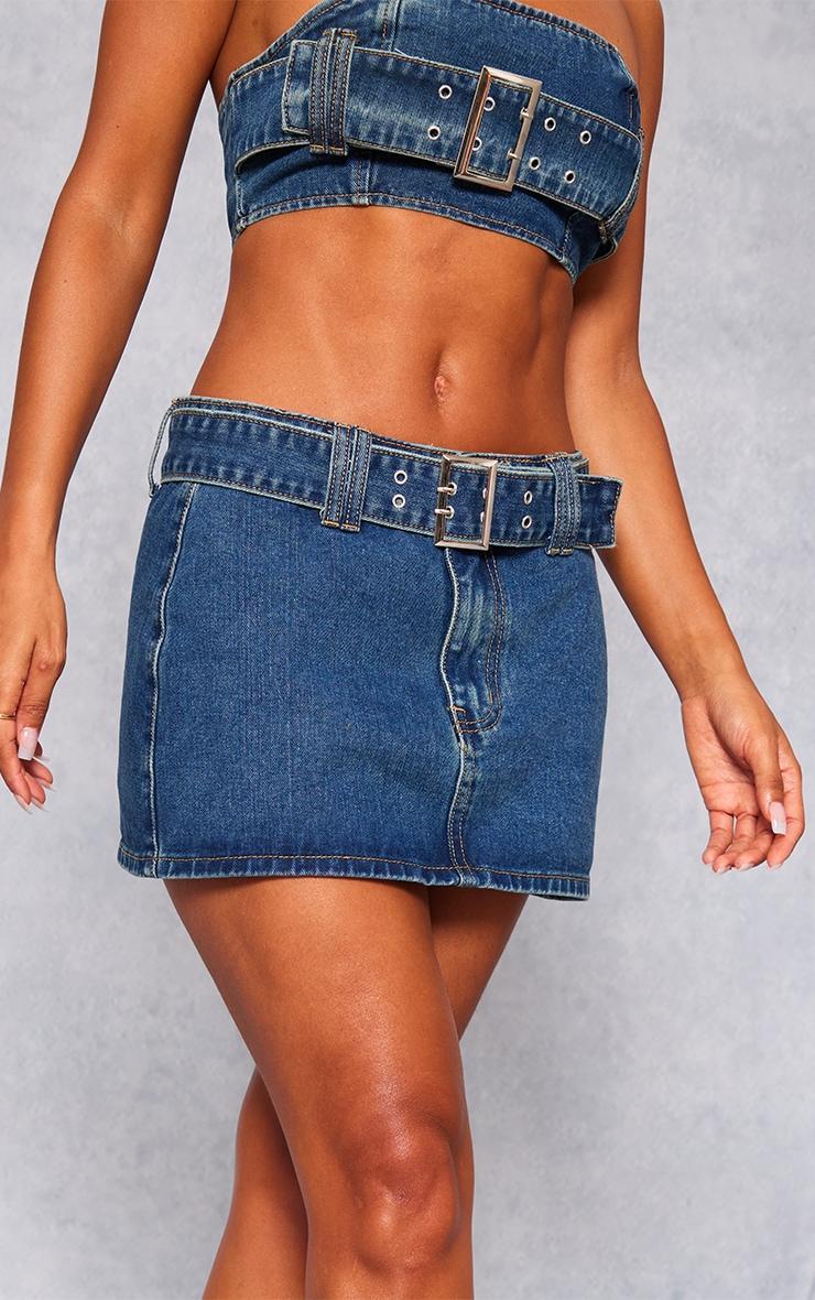  Indigo Vintage Wash Buckle Detail Denim Mini Skirt Product Image