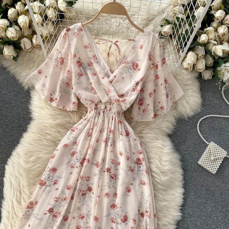 Short-Sleeve V-Neck Floral Midi A-Line Dress Product Image