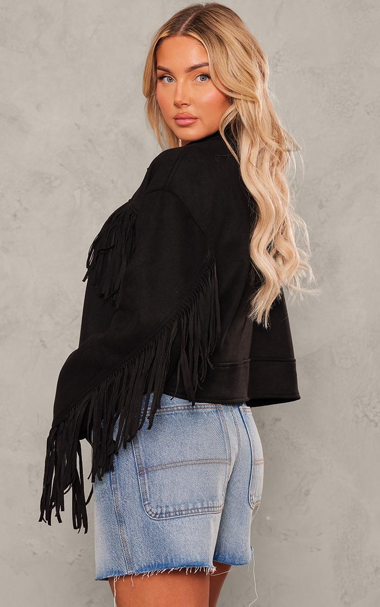 Black Faux Suede Western Fringe Detail Jacket Product Image