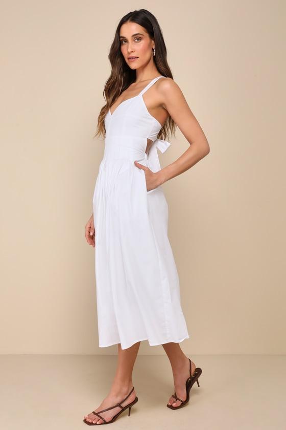 Strolling Sicily White Pleated Backless Midi Dress With Pockets Product Image