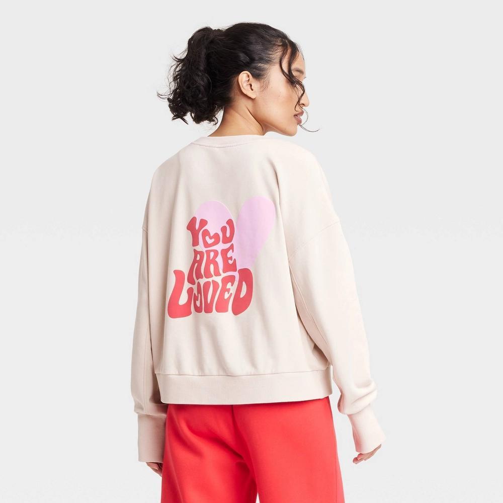 Women's Valentine's Day Graphic French Terry Crewneck Sweatshirt - JoyLab™ Cream M Product Image