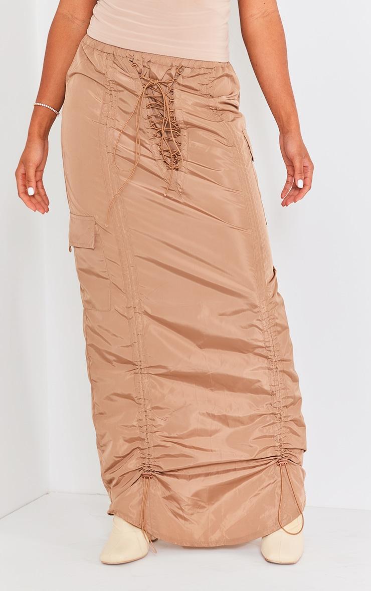 Camel Shell Ruched Front Toggle Detail Cargo Maxi Skirt Product Image