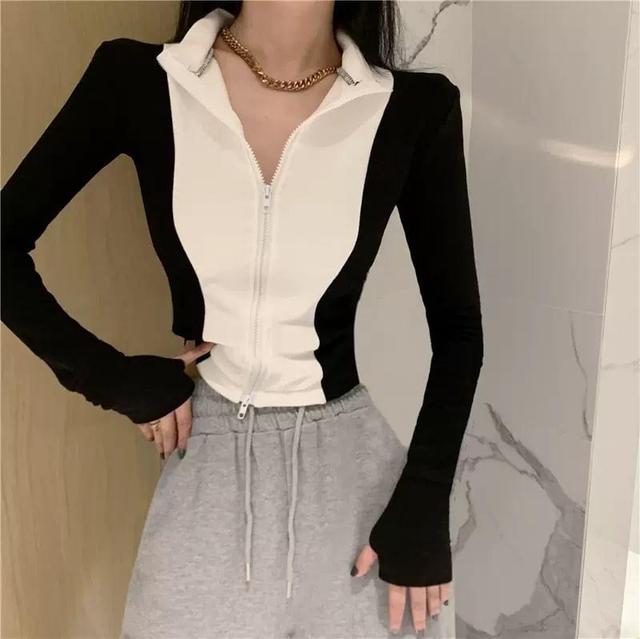 Stand Collar Two Tone Zip Up Cropped Jacket Product Image