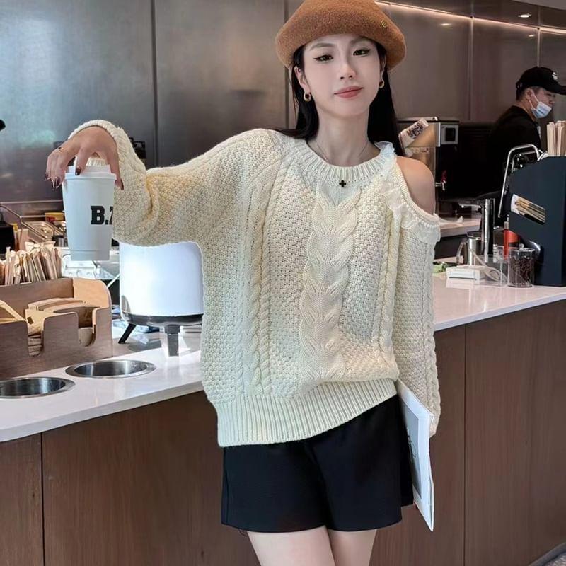 Cold Shoulder Plain Ruffle Cable Knit Sweater Product Image