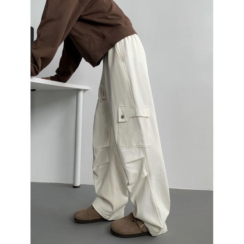 High Waist Plain Wide Leg Cargo Pants Product Image