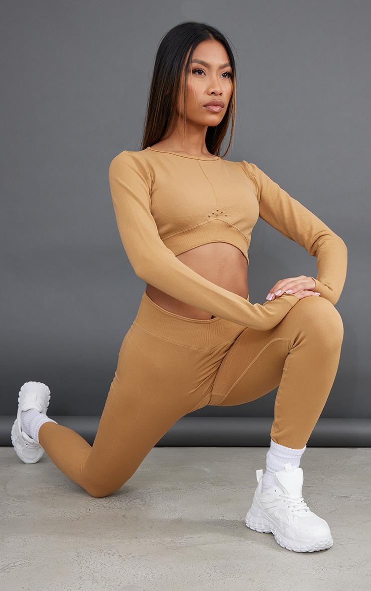 Tan Sport Seamless Dipped Front Long Sleeve Crop Top Product Image