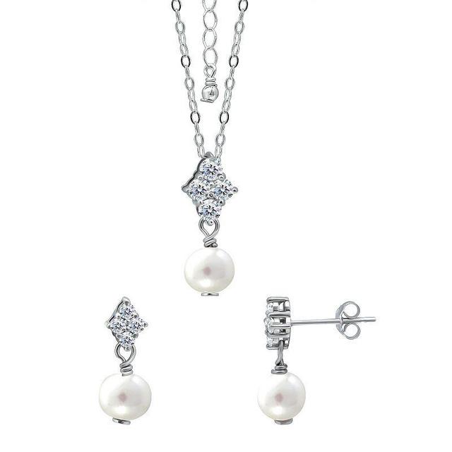 Aleure Precioso 18k Gold Over Silver Cubic Zirconia & Freshwater Cultured Pearl Drop Pendant Necklace & Earrings Set, Womens Sterling Silver White Product Image