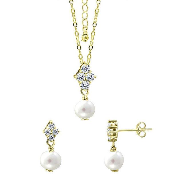 Aleure Precioso 18k Gold Over Silver Cubic Zirconia & Freshwater Cultured Pearl Drop Pendant Necklace & Earrings Set, Womens Gold Tone White Product Image