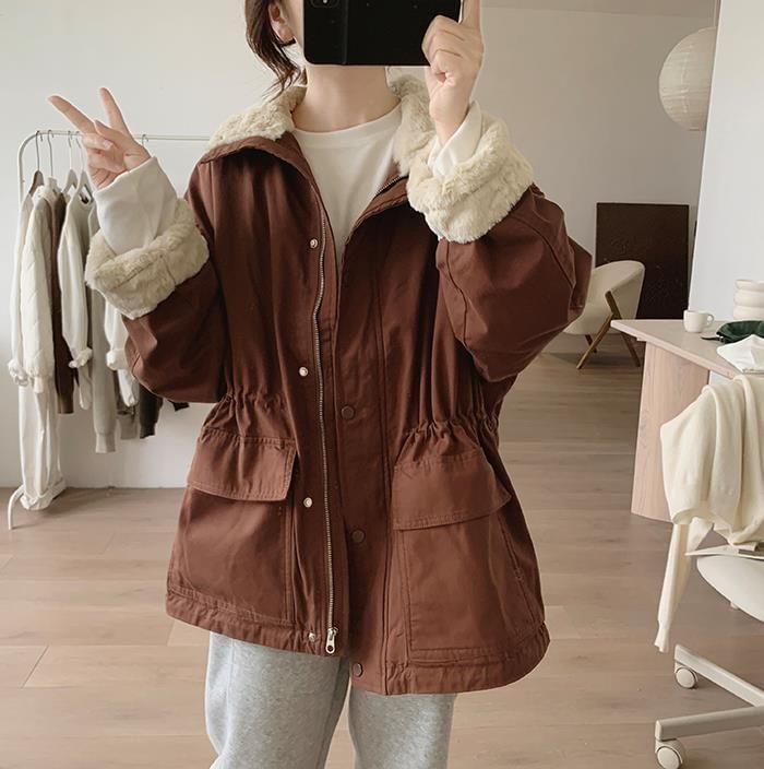 Stand Collar Panel Fluffy Zip Cargo Jacket Product Image