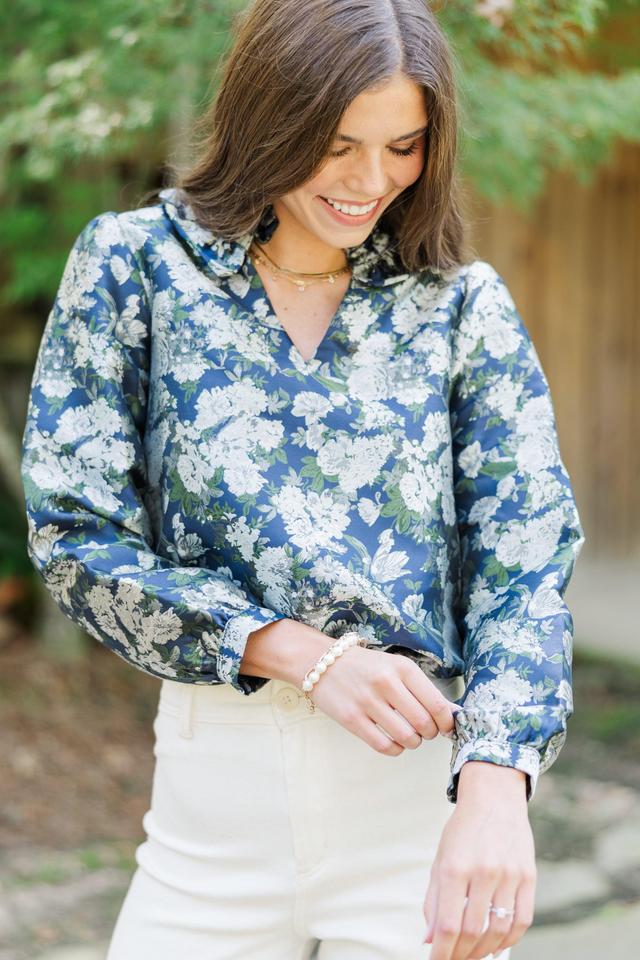 On Your Mind Navy Blue Floral Brocade Blouse Female Product Image