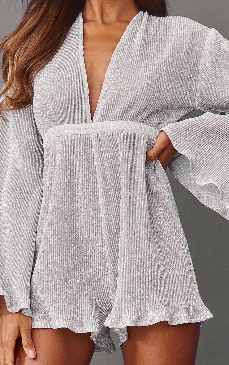 Silver Glitter Plisse Flare Sleeve Plunge Romper Product Image