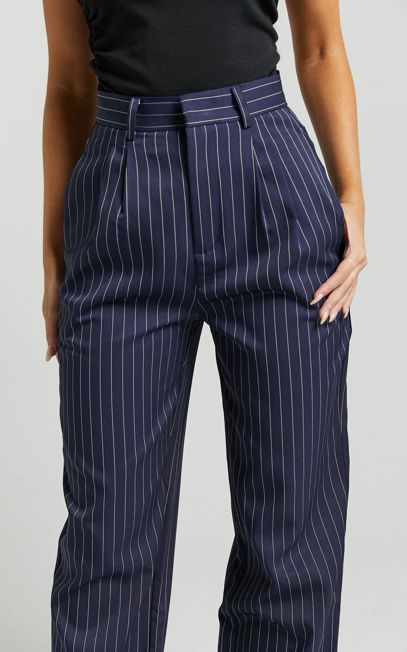 Iyah Pants - High Waisted Tailored Pants in Navy Pinstripe Product Image