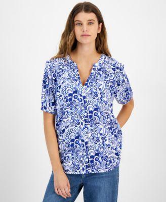 Tommy Hilfiger Womens Printed Smocked-Shoulder Short-Sleeve Top - Ivo Product Image