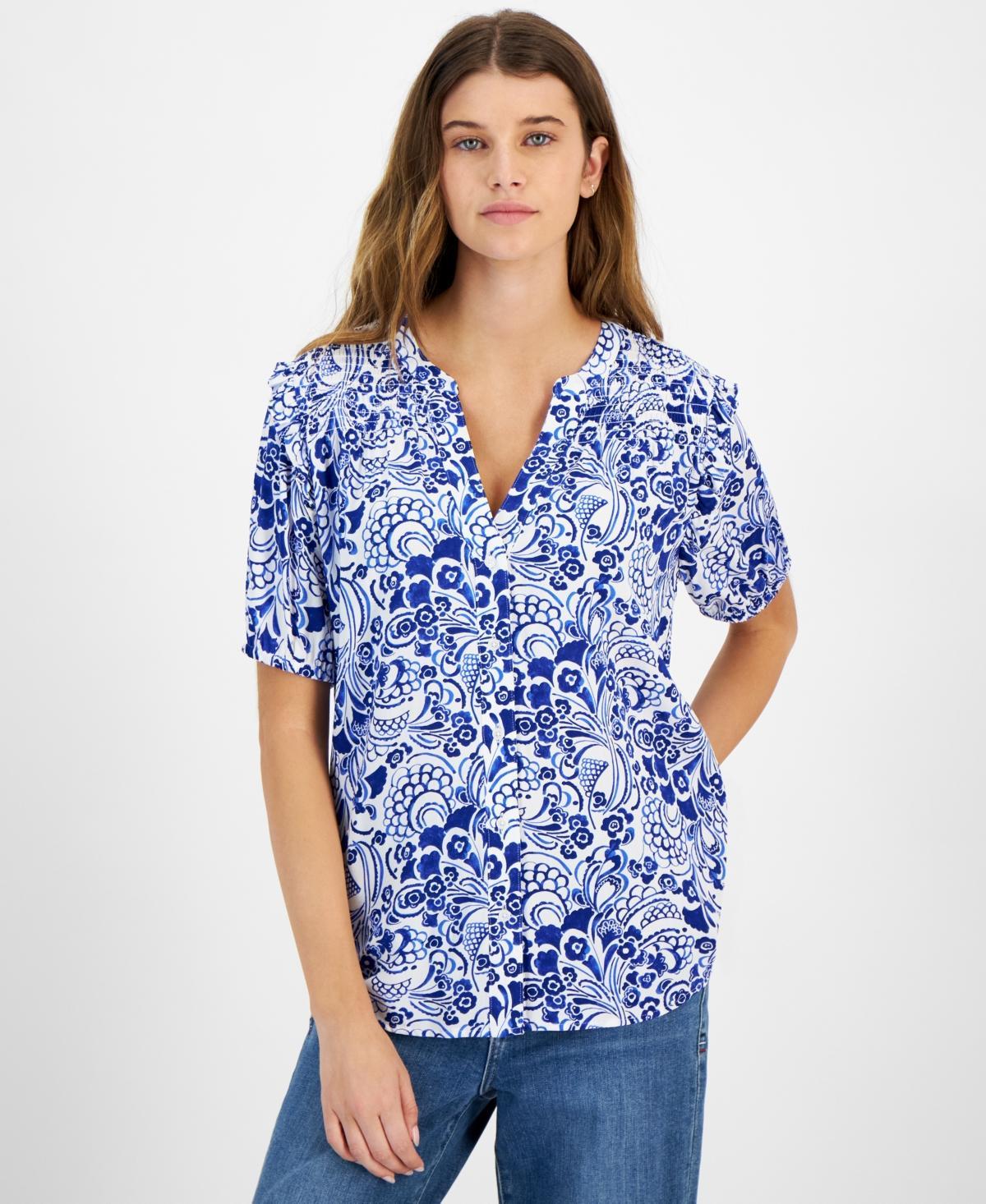 Tommy Hilfiger Womens Printed Smocked-Shoulder Short-Sleeve Top - Ivo Product Image