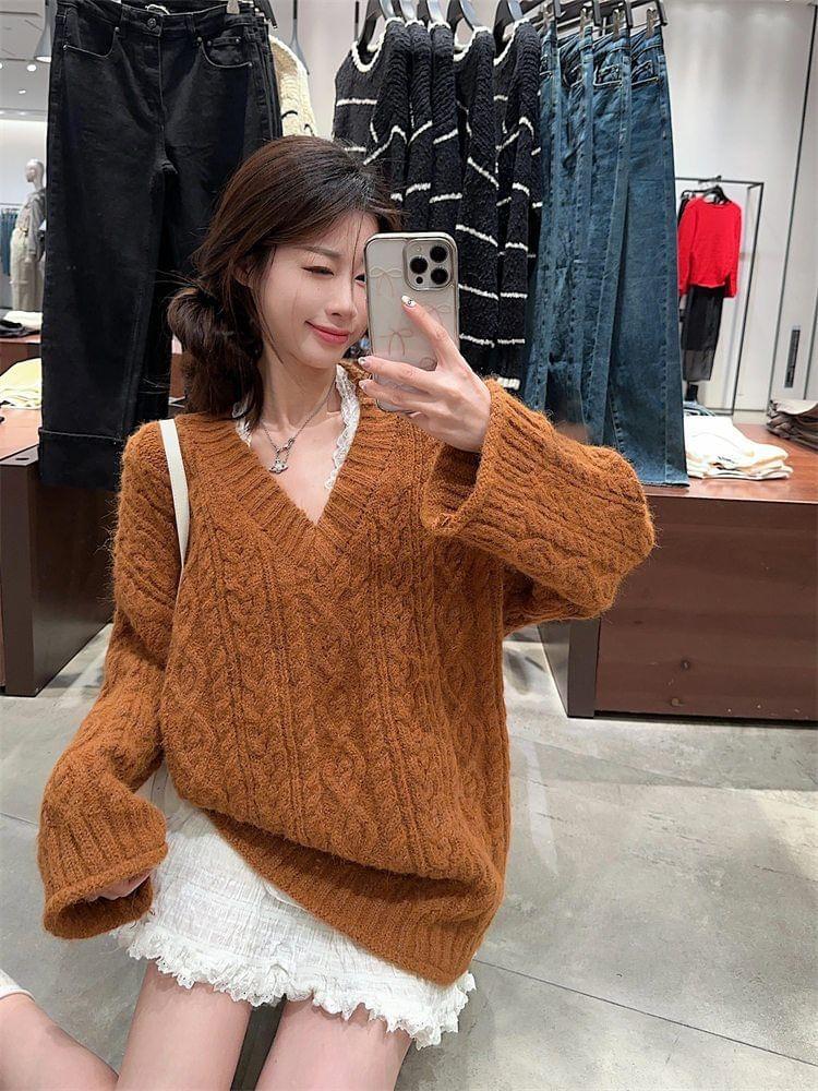 V-Neck Plain Cable Knit Oversized Sweater Product Image