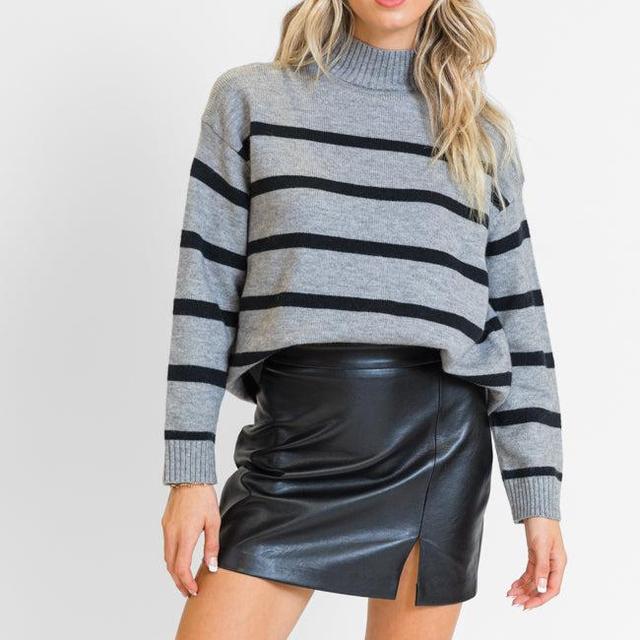 Where I'm Going Charcoal Oversized Stripe Turtleneck Sweater Product Image