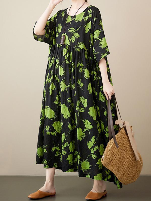 Loose Floral Pleated Round-Neck Midi Dresses Product Image