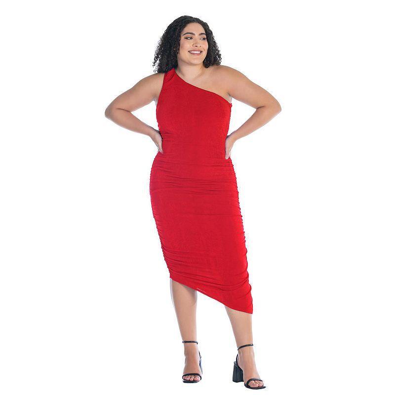 Plus Size 24Seven Comfort Apparel One-Shoulder Ruched Bodycon Dress, Womens Product Image