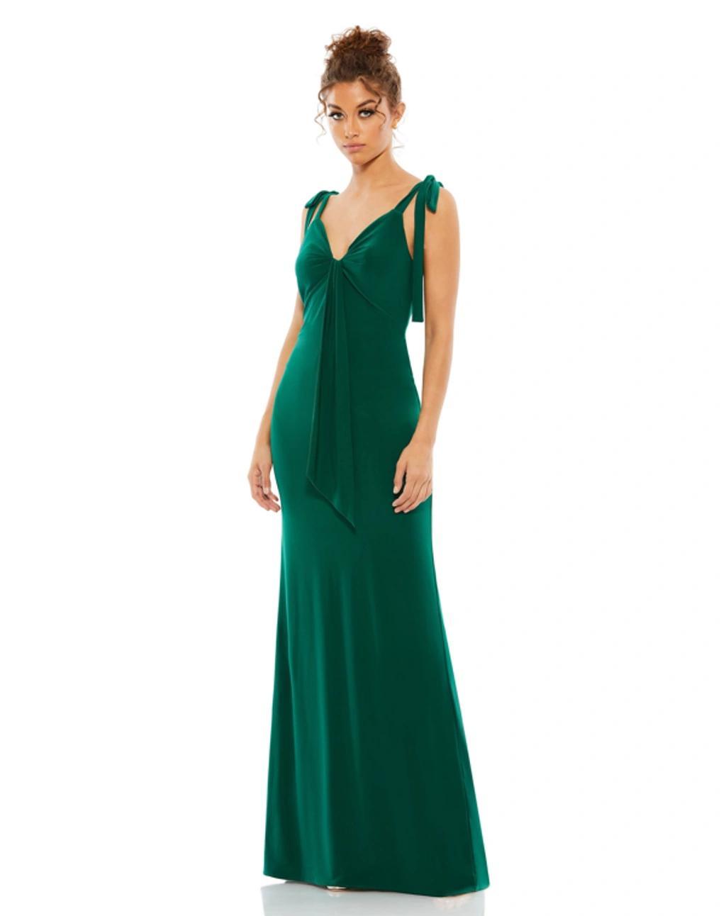 Jersey Low Back Bow Shoulder Gown In Green Product Image