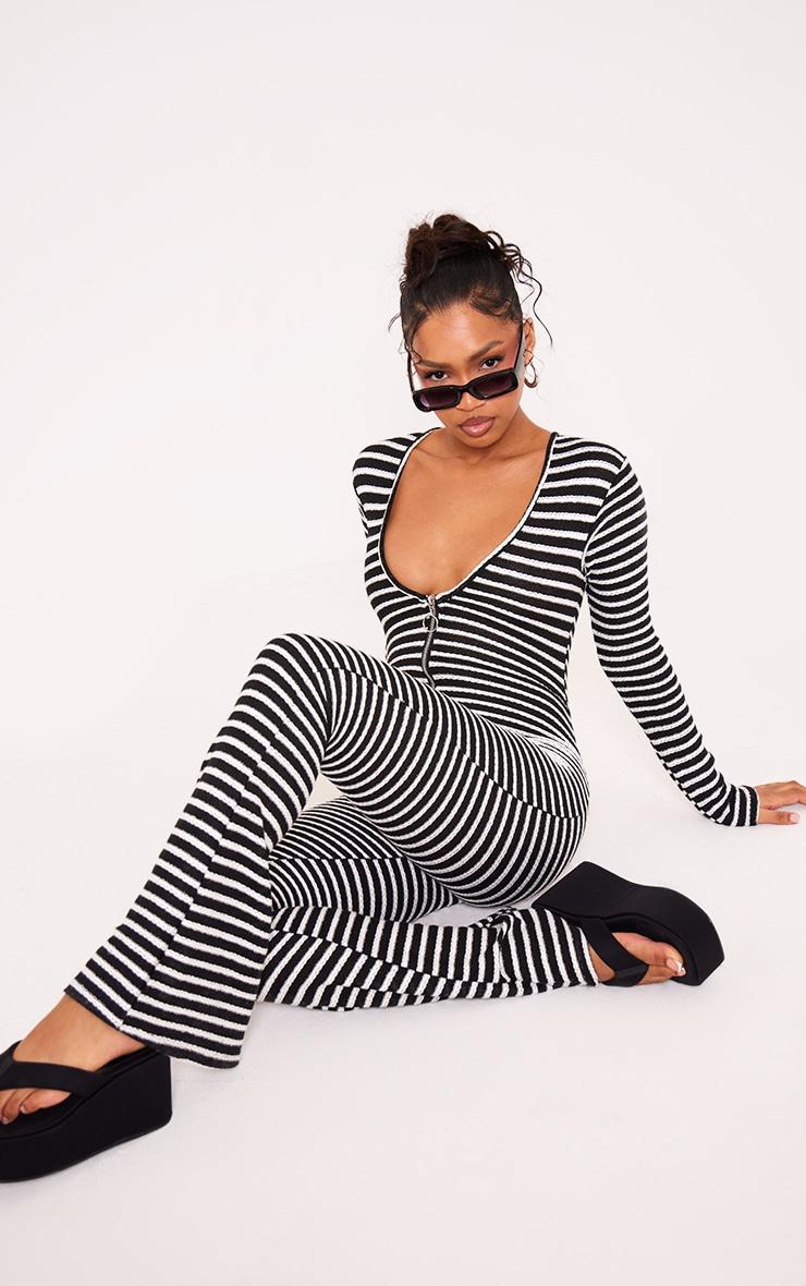 Monochrome Textured Stripe Plunge Wide Leg Jumpsuit Product Image