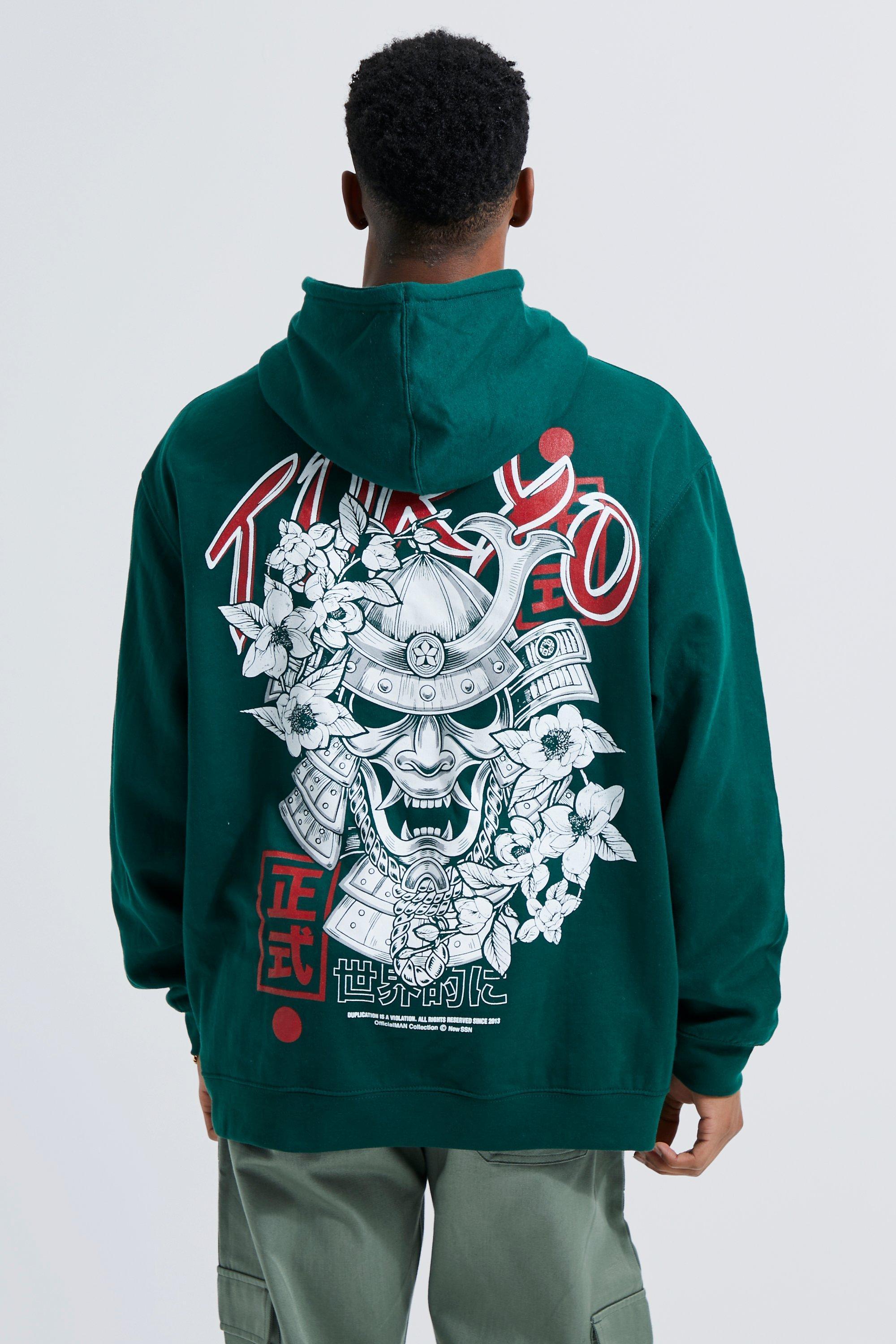 Mens Green Oversized Tokyo Graphic Hoodie, Green Product Image