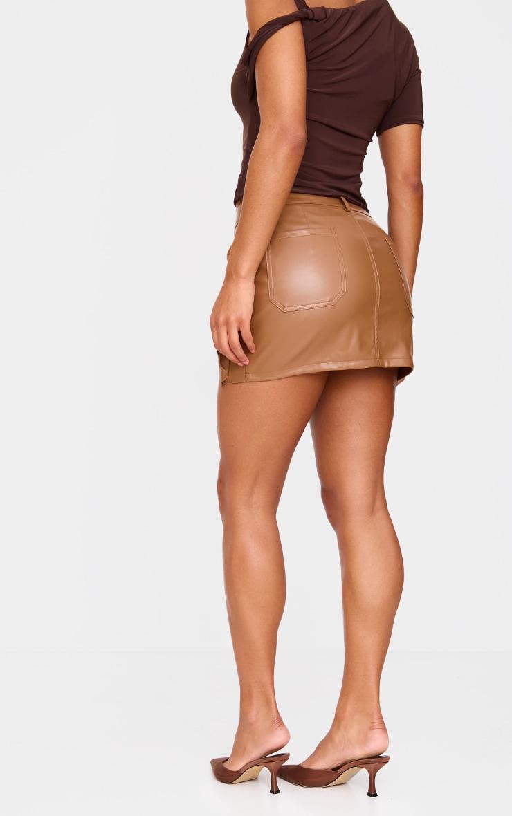 Brown Faux Leather Pocket Detail Cargo Mini Skirt Product Image