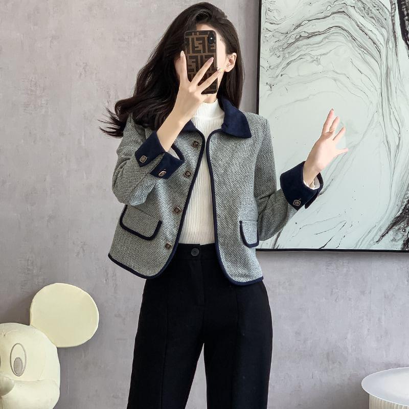 Lapel Collar Two Tone Button Cropped Tweed Jacket Product Image