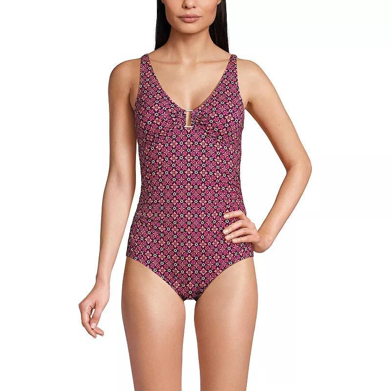 Womens Lands End Long Torso Embellished V-Neck Shirred One-Piece Swimsuit Product Image