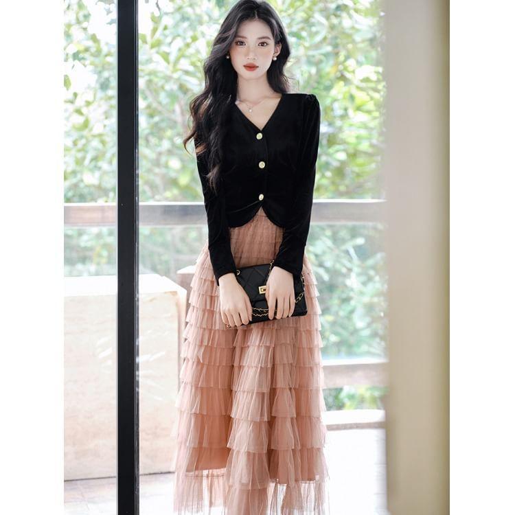 Long-Sleeve V-Neck Plain Button-Up Velvet Crop Blouse / High Waist Tiered Mesh Maxi A-Line Skirt / Set Product Image