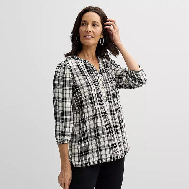 Womens Croft & Barrow Plaid Pintuck Top Festive Pink Plaid Product Image