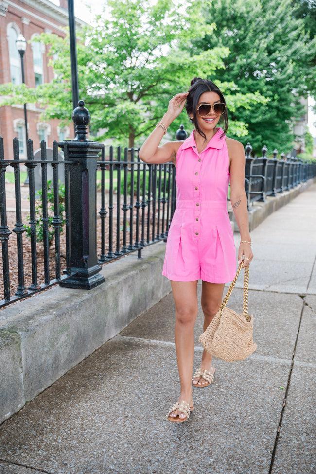 Somewhere Sunny Pink Collared Button Up Romper Product Image