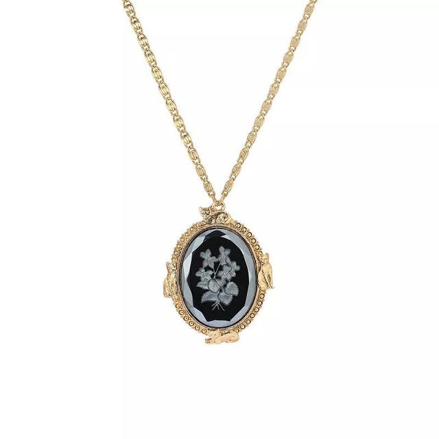 1928 Gold Tone Cat Frame Flower Stone Pendant Necklace, Womens, Gray Product Image