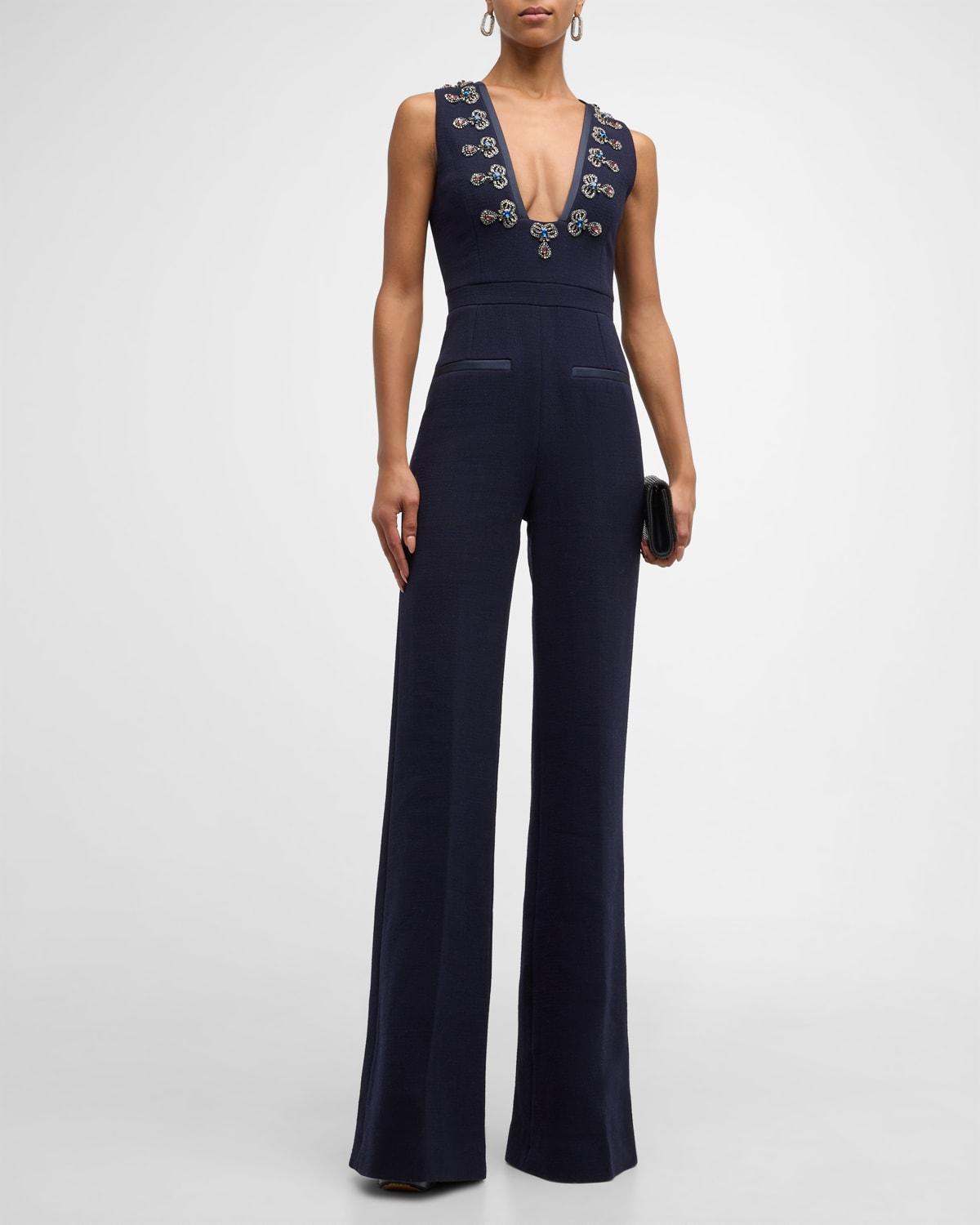 Sleeveless Beaded Bootcut-Leg Wool Crepe Jumpsuit Product Image