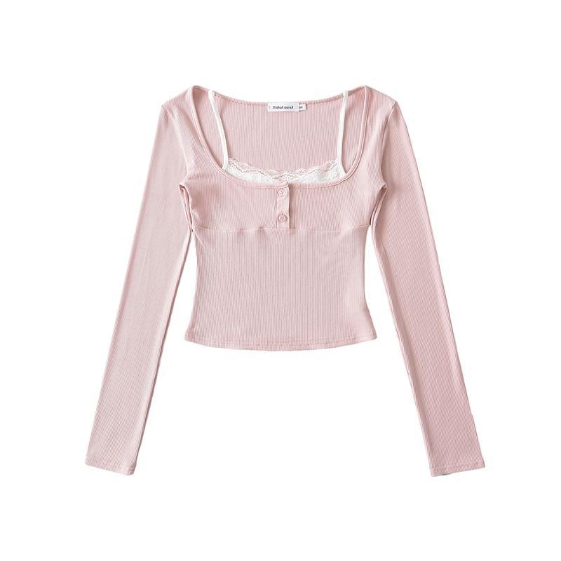 Mock Two-Piece Long-Sleeve Square-Neck Lace Trim Ribbed Tee Product Image