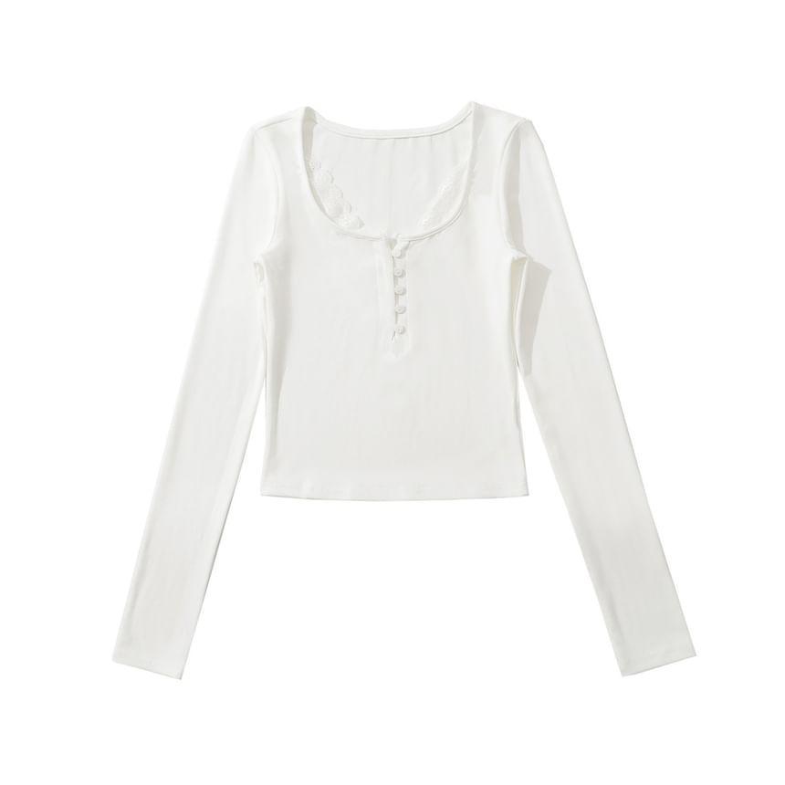 Long-Sleeve Plain Lace Trim Henley Tee Product Image