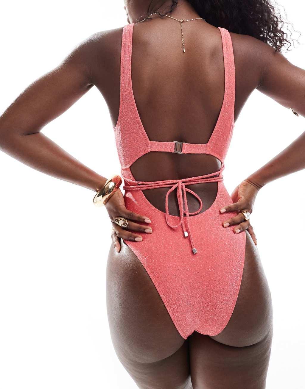 South Beach glitter cut out wrap front swimsuit in watermelon Product Image