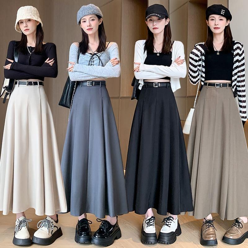 High Waist Plain Pleated Maxi A-Line Skirt Product Image