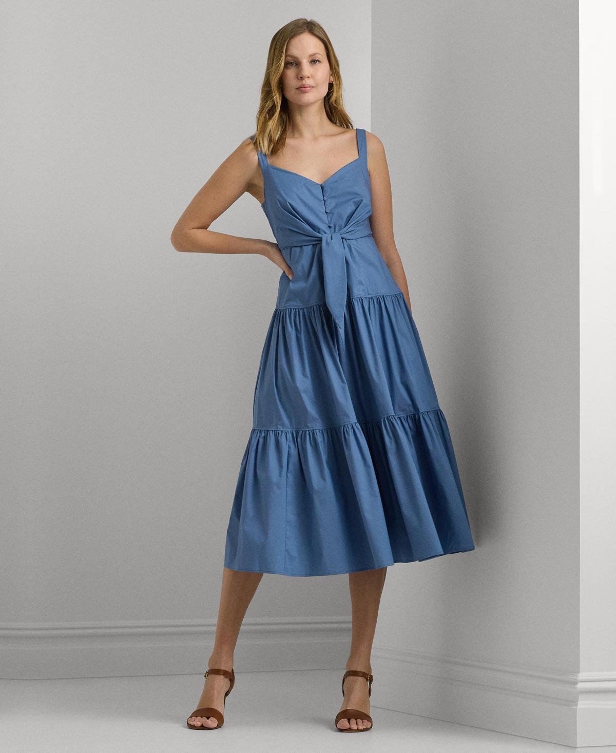 Lauren Ralph Lauren Womens Cotton-Blend Tie-Front Tiered Dress Product Image