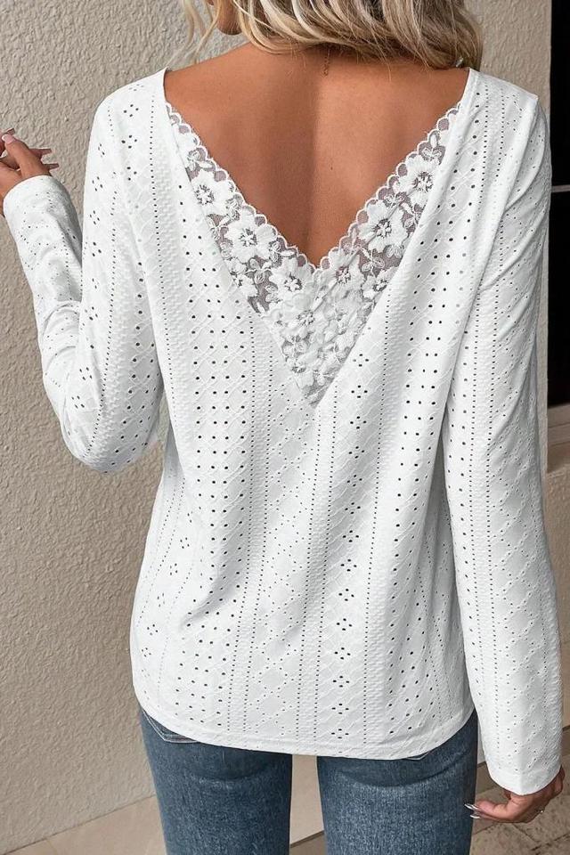 Olivia Mark – Floral Lace Splicing Eyelet Long Sleeve Top with Elegant Design Product Image