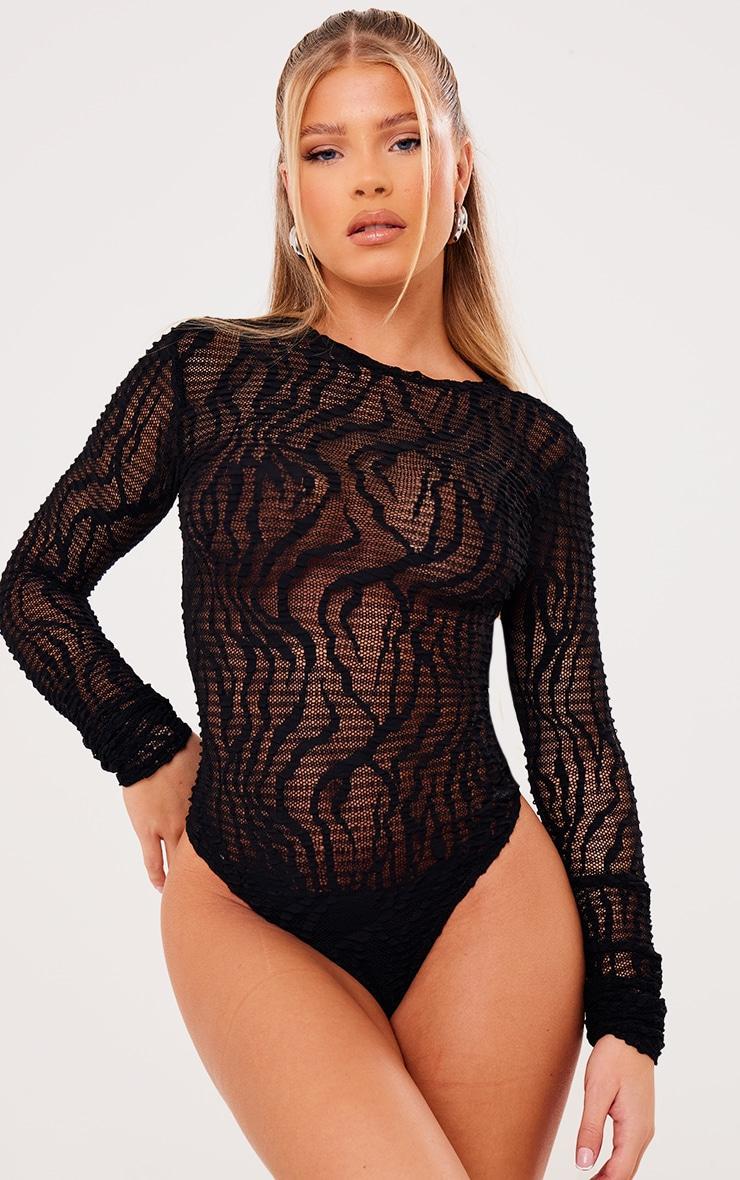 Black Textured Long Sleeve Bodysuit Product Image