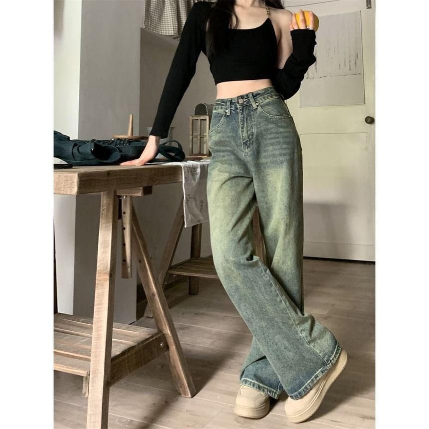 High Rise Washed Loose-Fit Wide-Leg Jeans Product Image