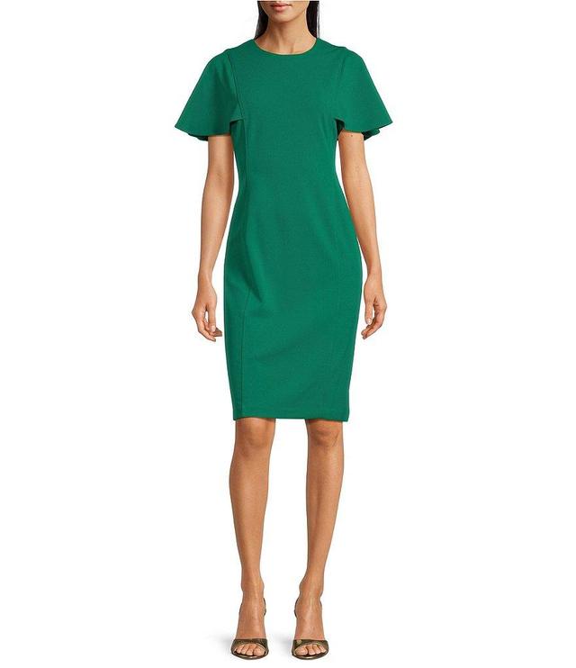 Calvin Klein Short Flutter Sleeve Crew Neck Scuba Crepe Sheath Dress Product Image