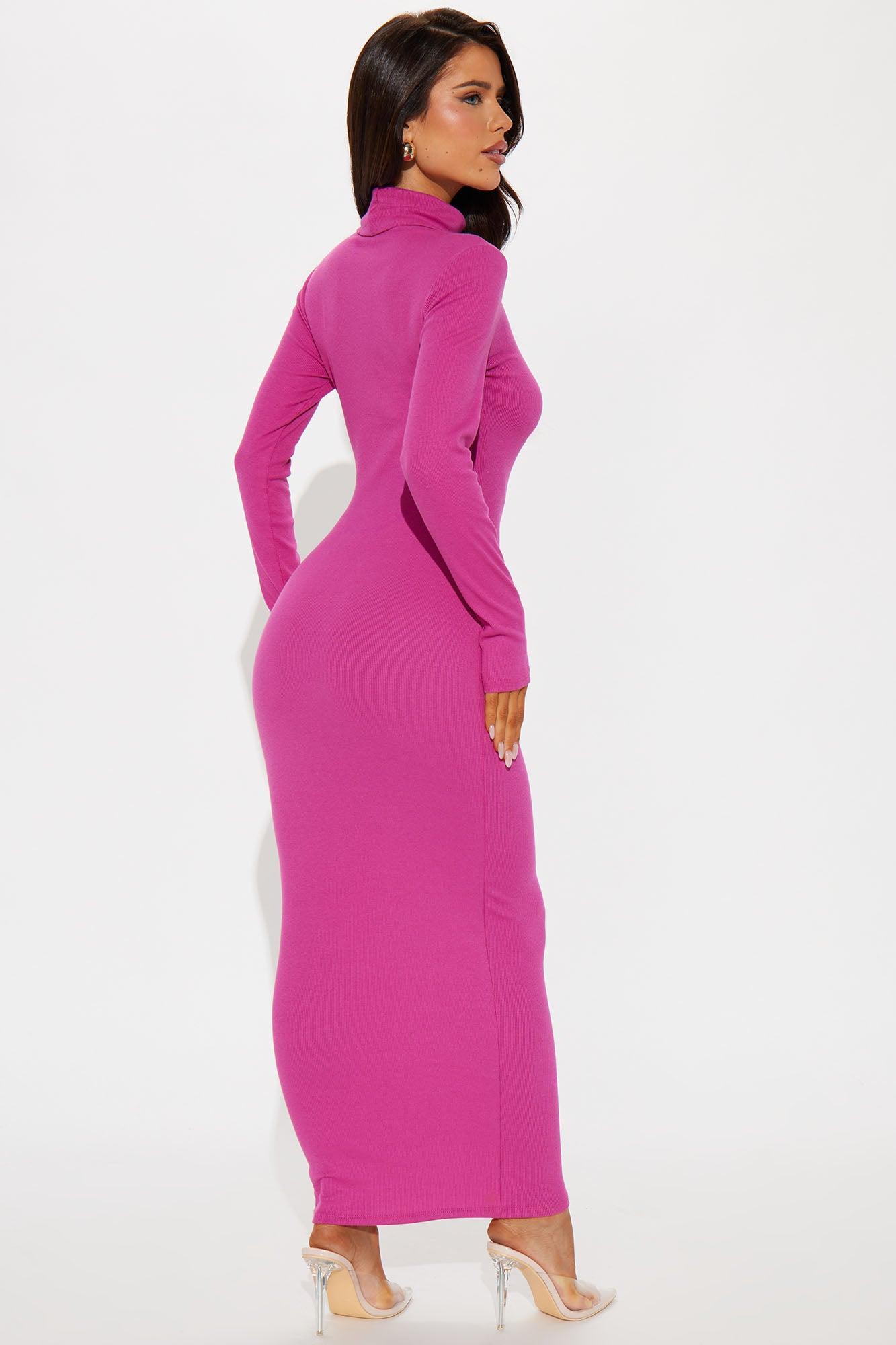 Alina Turtleneck Ribbed Midi Dress - Fuchsia Product Image