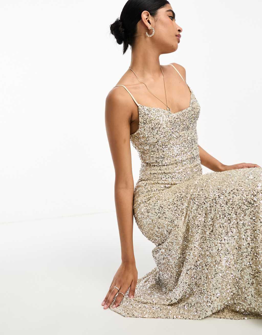 Never Fully Dressed Bridal sequin cowl neck midaxi dress in champagne Product Image