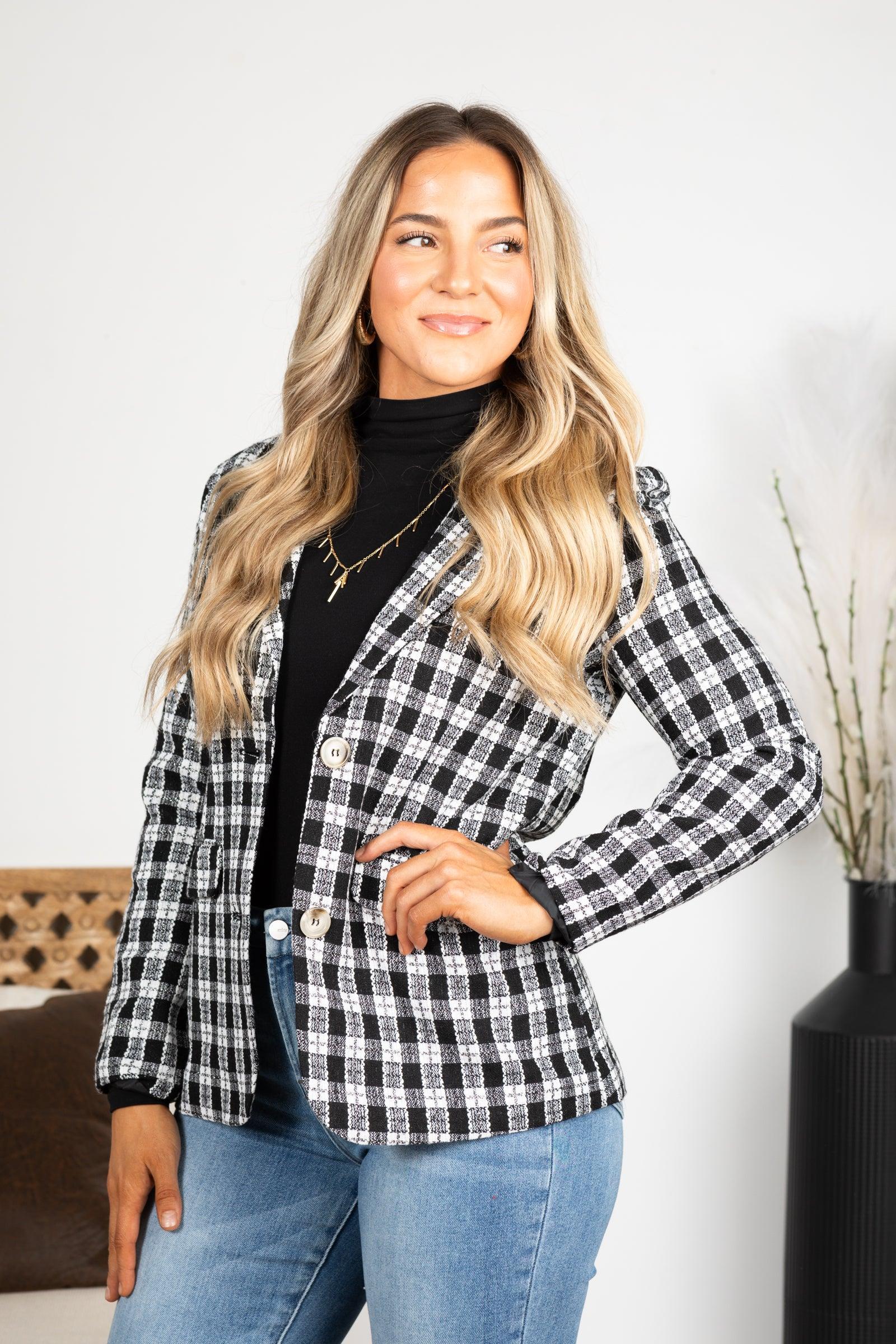 Black and White Plaid Pattern Tweed Blazer Product Image