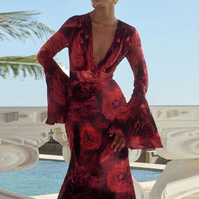 Bell Sleeve V-Neck Floral Print Mesh Maxi A-Line Dress Product Image