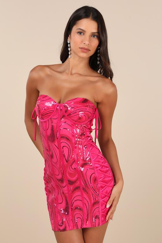 Enticing Sparkle Hot Pink Sequin Lace-Up Strapless Mini Dress product image